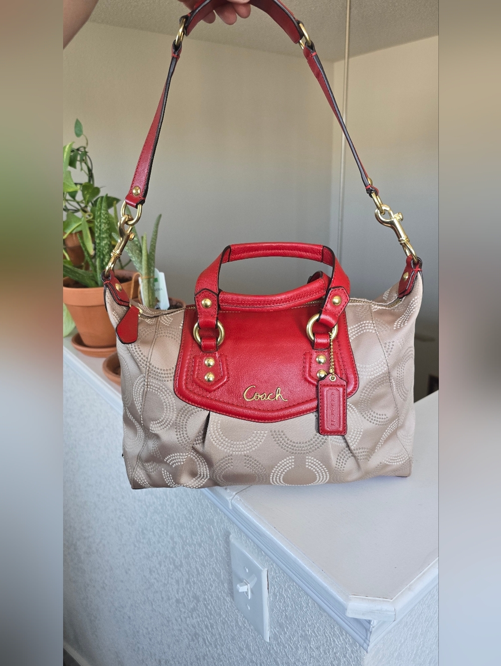 Coach Ashley Dotted Op Art Beige Red Carryall Satchel #F20027 - Picture 10 of 16